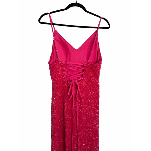 Hot Pink Sequin Formal Gown Size 12 Lace Up Back Maxi Dress Prom Evening Wedding - Picture 12 of 16